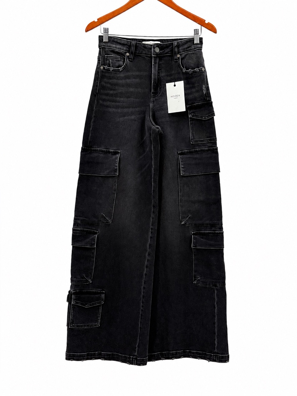 Hidden Nori High Rise Super Wide Leg Cargo Jeans Dark Wash Denim Statement Pants - Picture 2 of 11